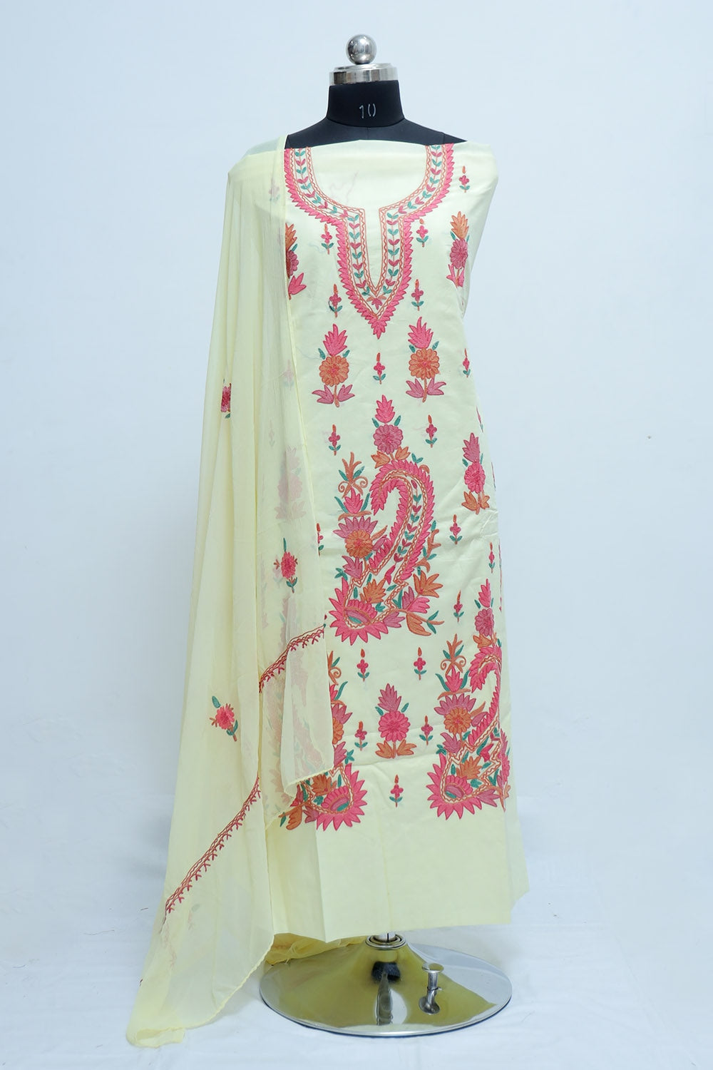 Lemon Yellow Colour Designer Aari Work Suit With Floral