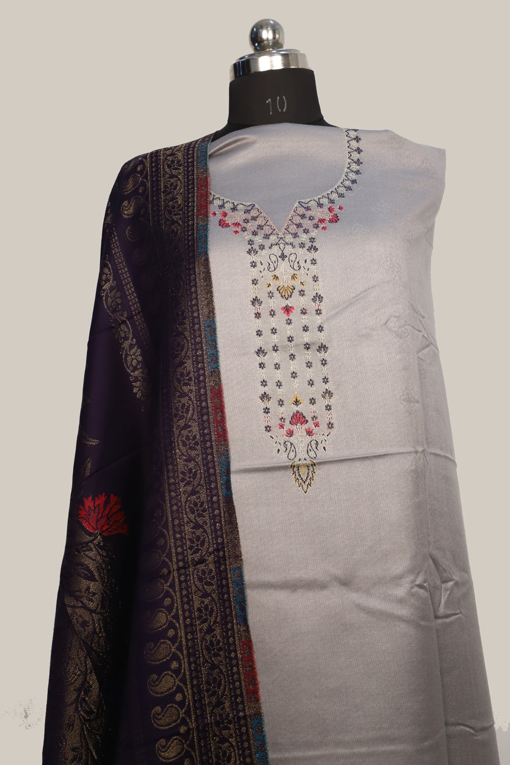 Ligh Grey Color Woolen Kashmiri Kani Work Unstitched Suit