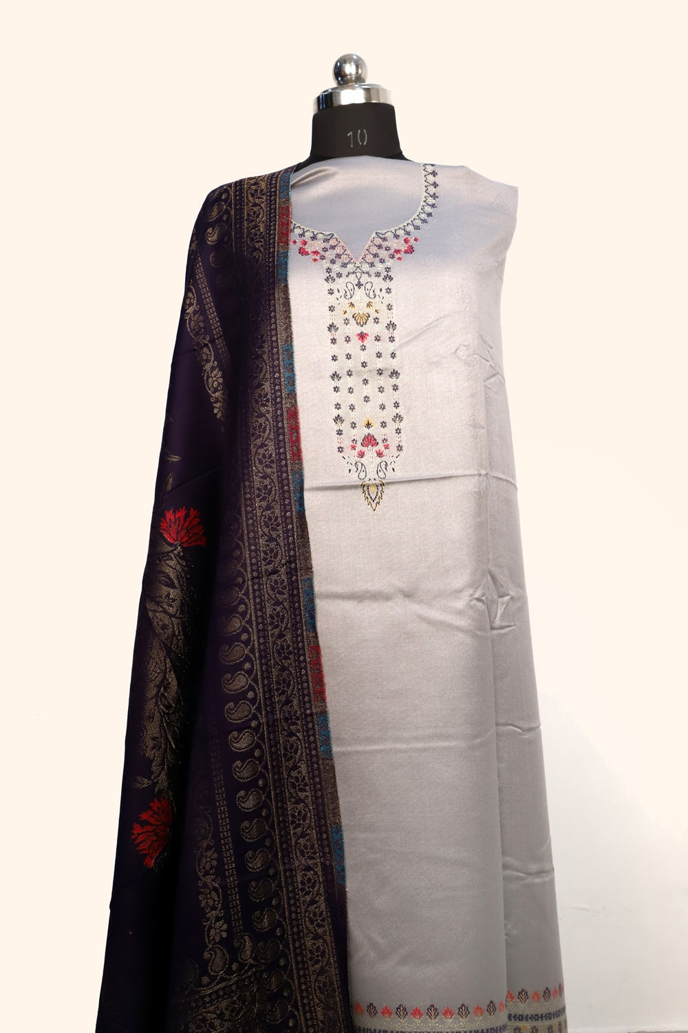 Ligh Grey Color Woolen Kashmiri Kani Work Unstitched Suit