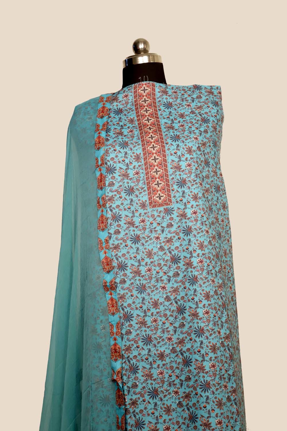 Light Blue Colour Cotton Kani Printer Unstitched Suit