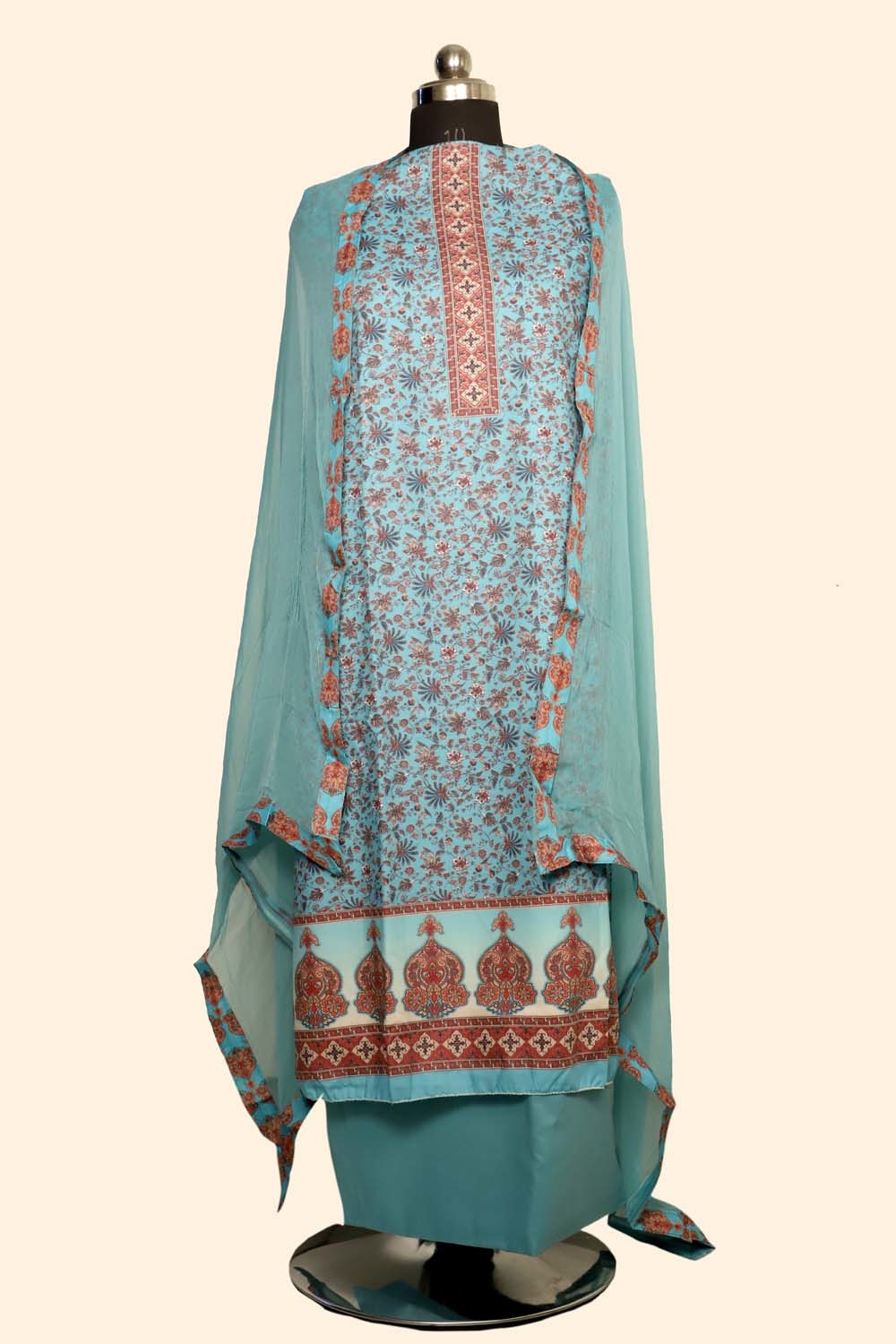 Light Blue Colour Cotton Kani Printer Unstitched Suit