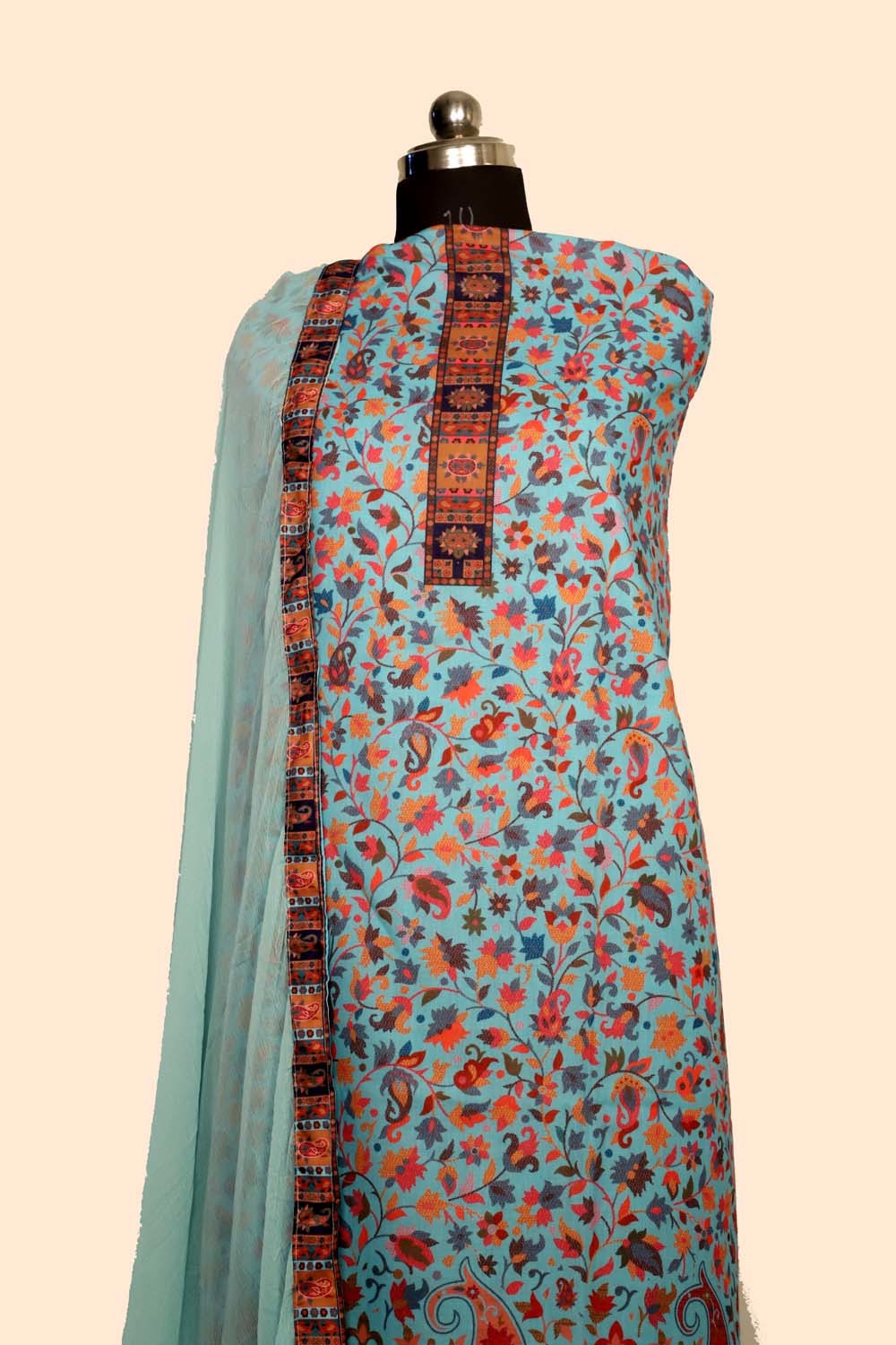 Light Blue Colour Cotton Kani Printer Unstitched Suit