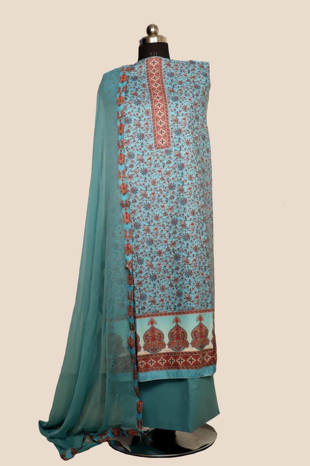 Light Blue Colour Cotton Kani Printer Unstitched Suit