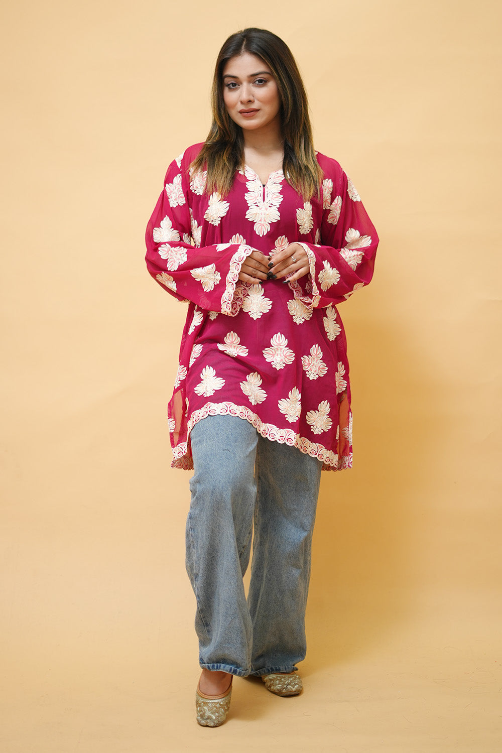 Magenta Colour Aari Work Neck Short Kashmiri Kurti