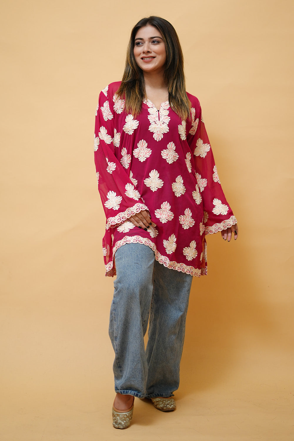 Magenta Colour Aari Work Neck Short Kashmiri Kurti