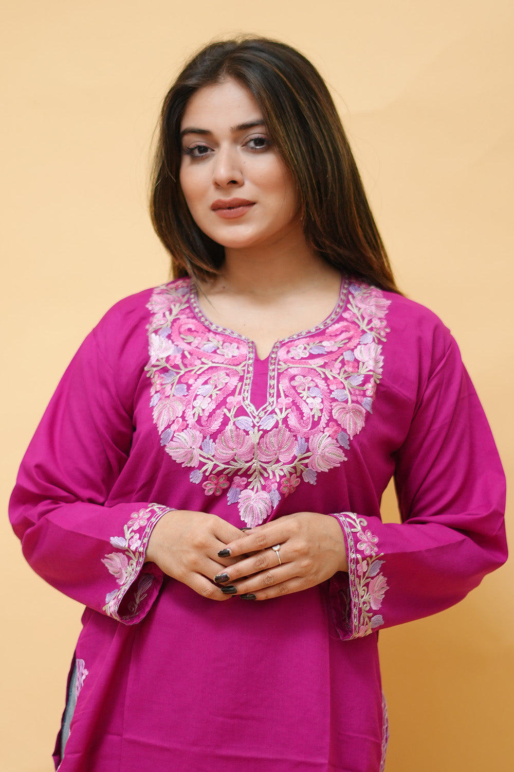 Magenta Cotton Aari Work Kurti With Multicoloured Neckline