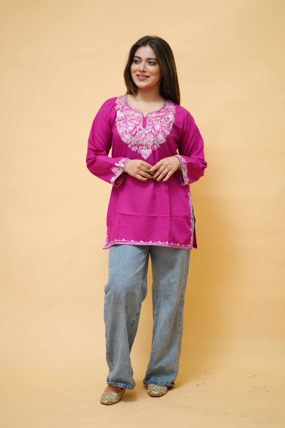 Magenta Cotton Aari Work Kurti With Multicoloured Neckline