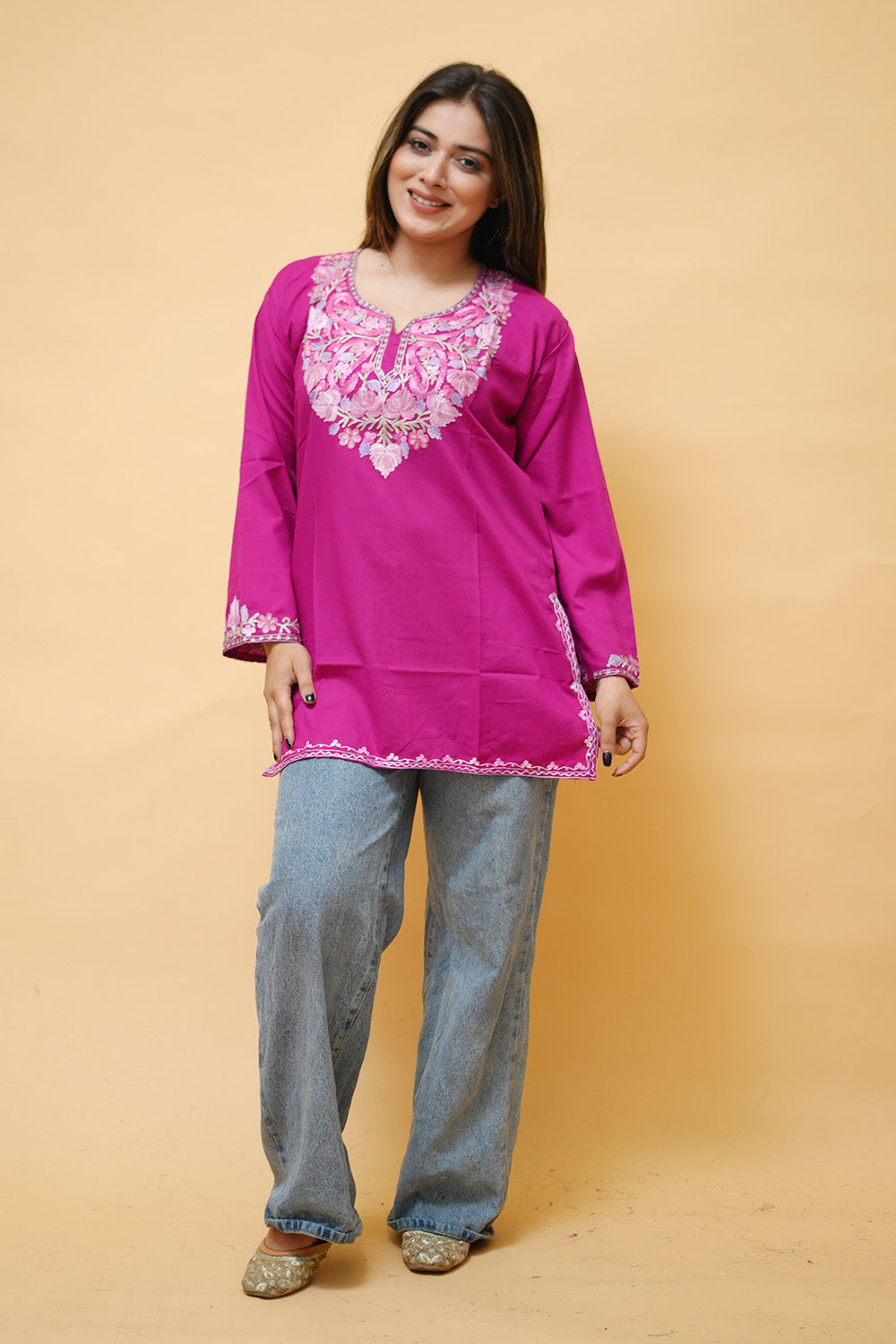 Magenta Cotton Aari Work Kurti With Multicoloured Neckline