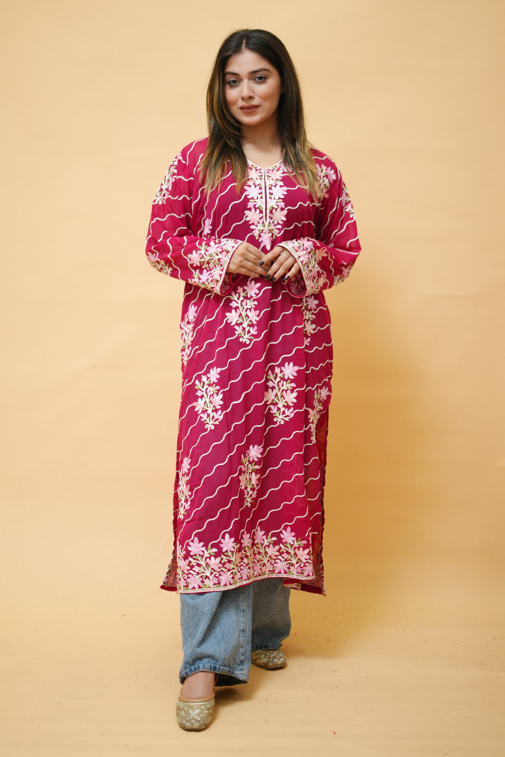 Magenta Diagonal Kashmiri Kurti With Multicolour all over