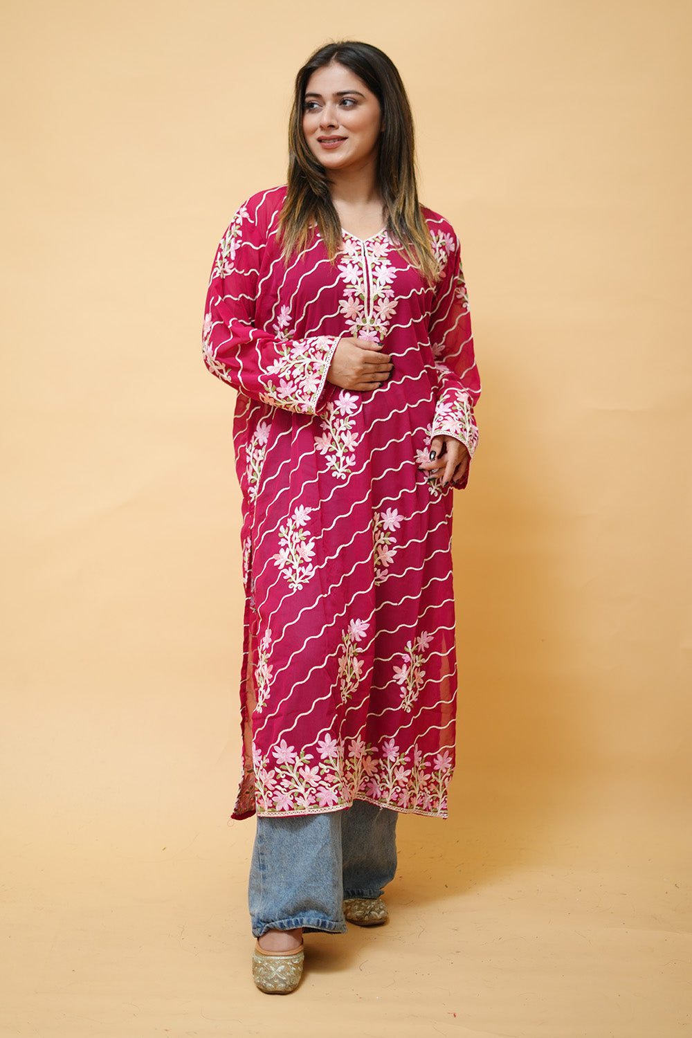 Magenta Diagonal Kashmiri Kurti With Multicolour all over