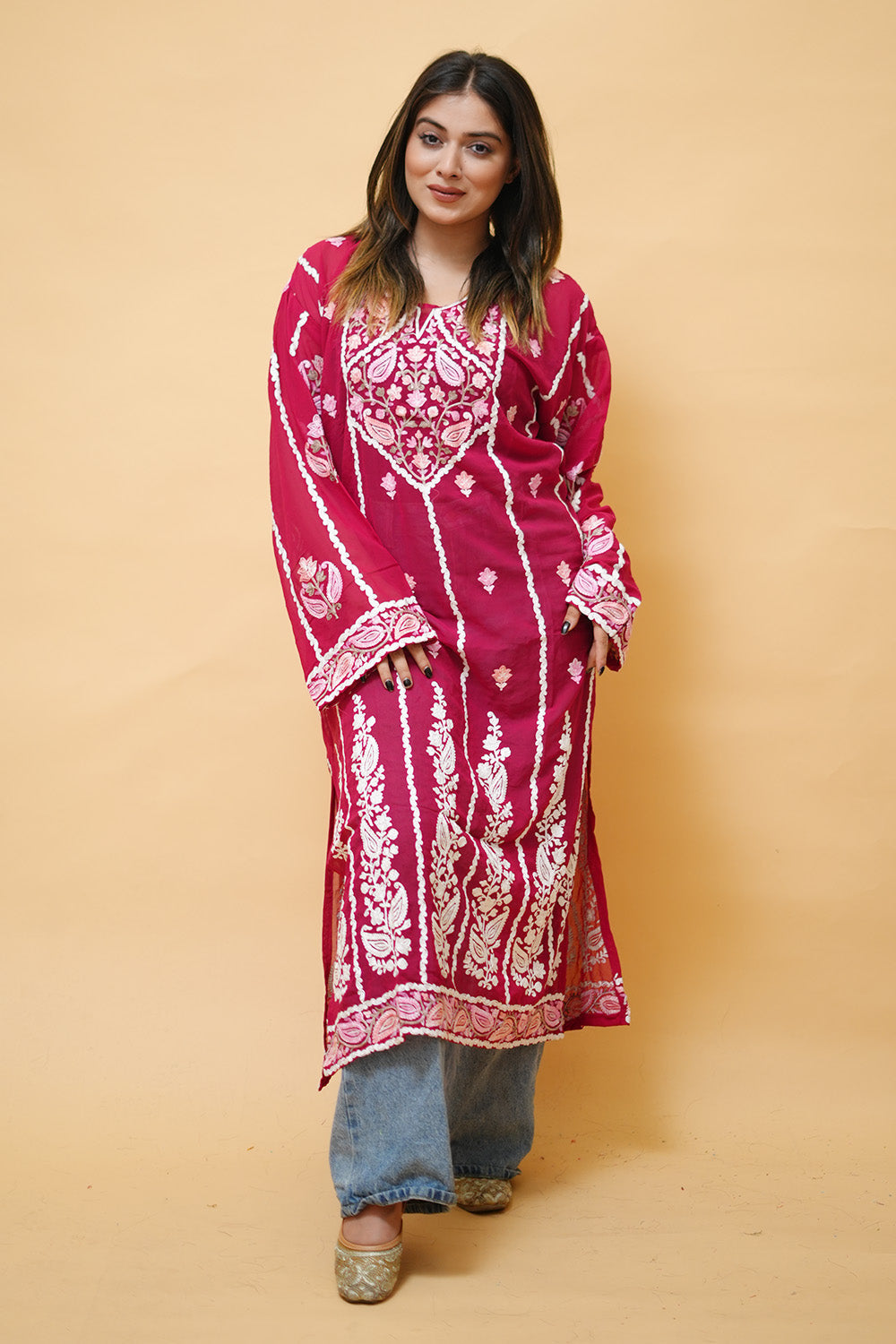 Magenta Lining Kashmiri Kurti With Multicolour all over
