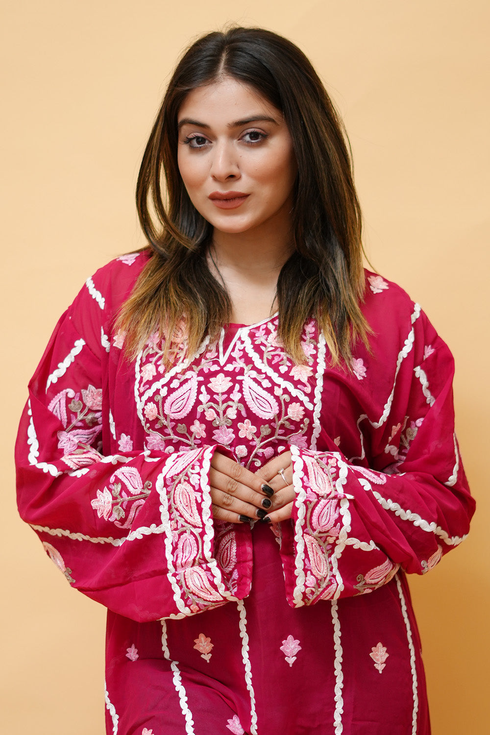 Magenta Lining Kashmiri Kurti With Multicolour all over