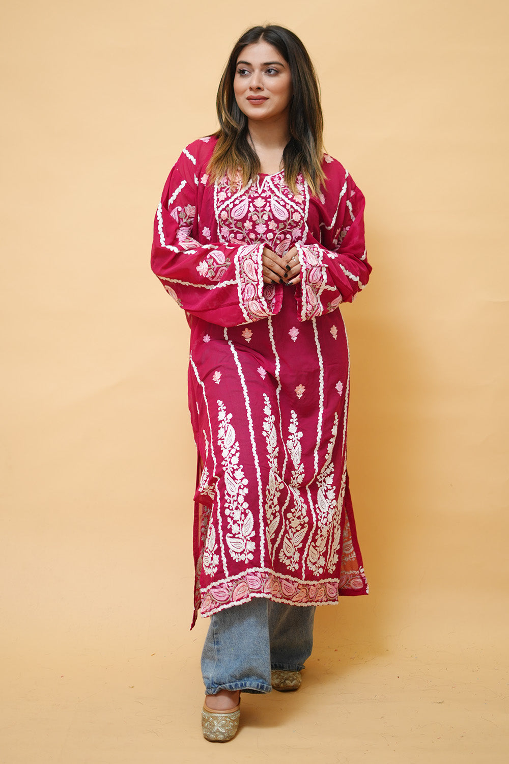 Magenta Lining Kashmiri Kurti With Multicolour all over