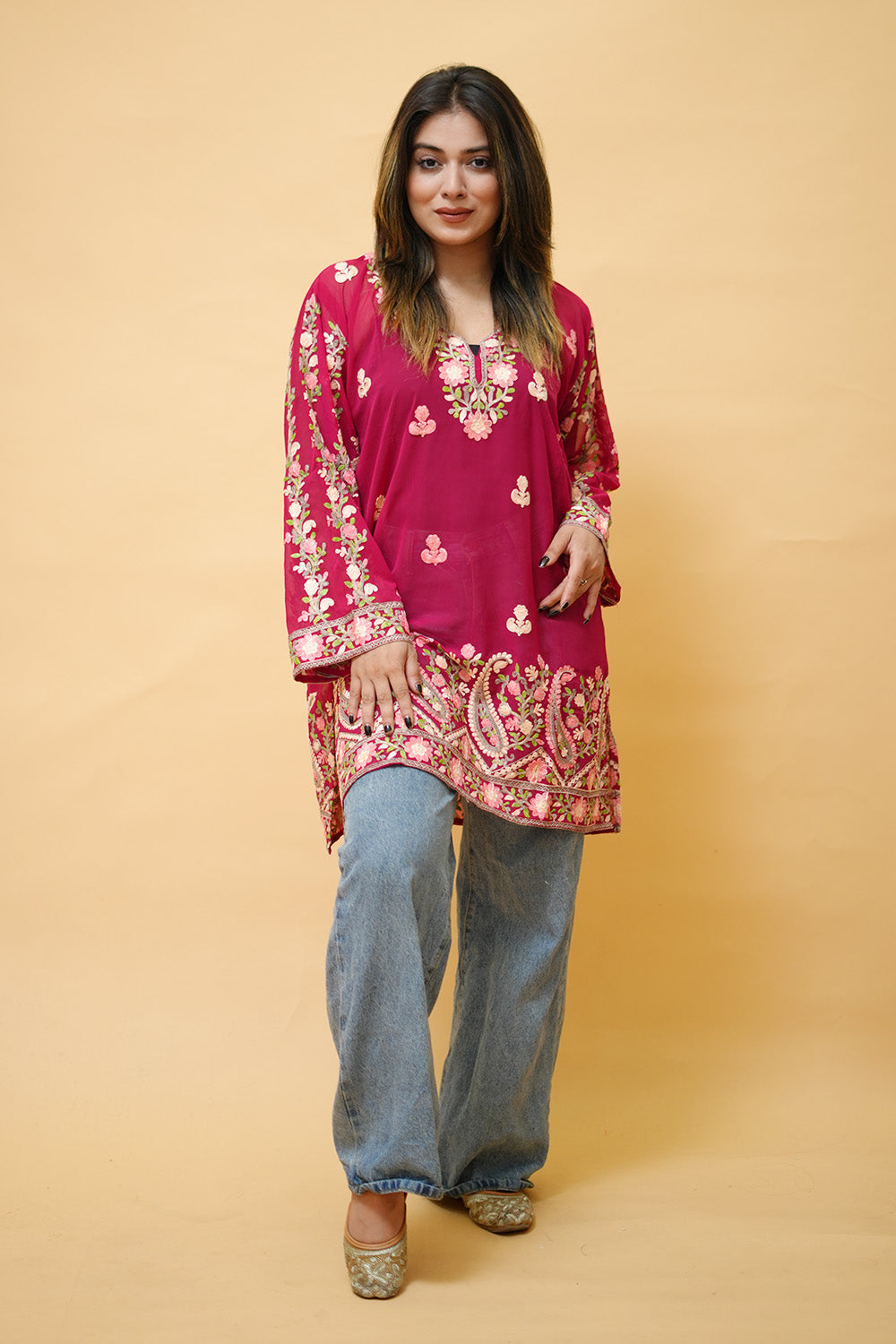 Magenta Pink Colour Aari Work Neck Short Kashmiri Kurti