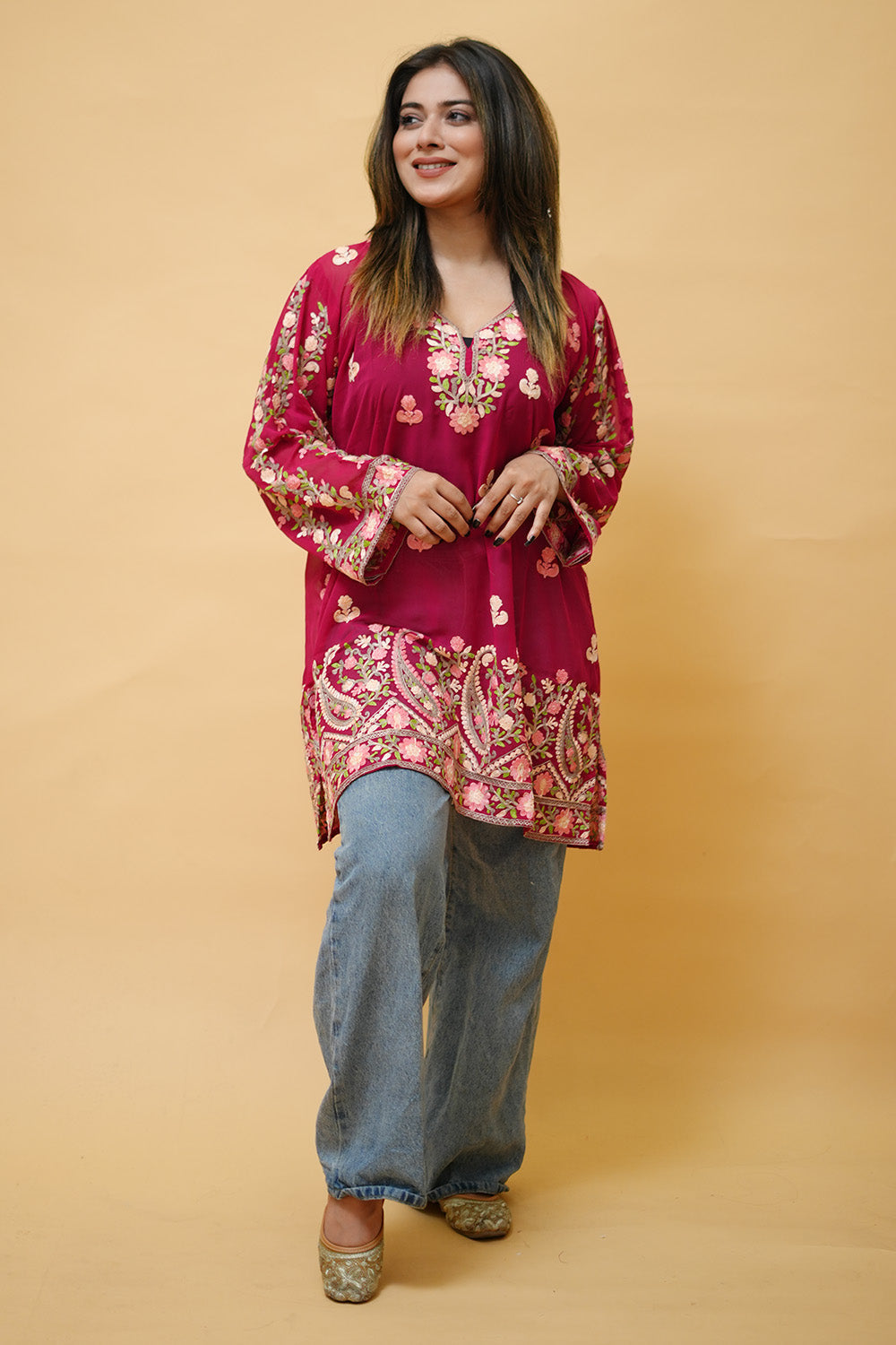 Magenta Pink Colour Aari Work Neck Short Kashmiri Kurti