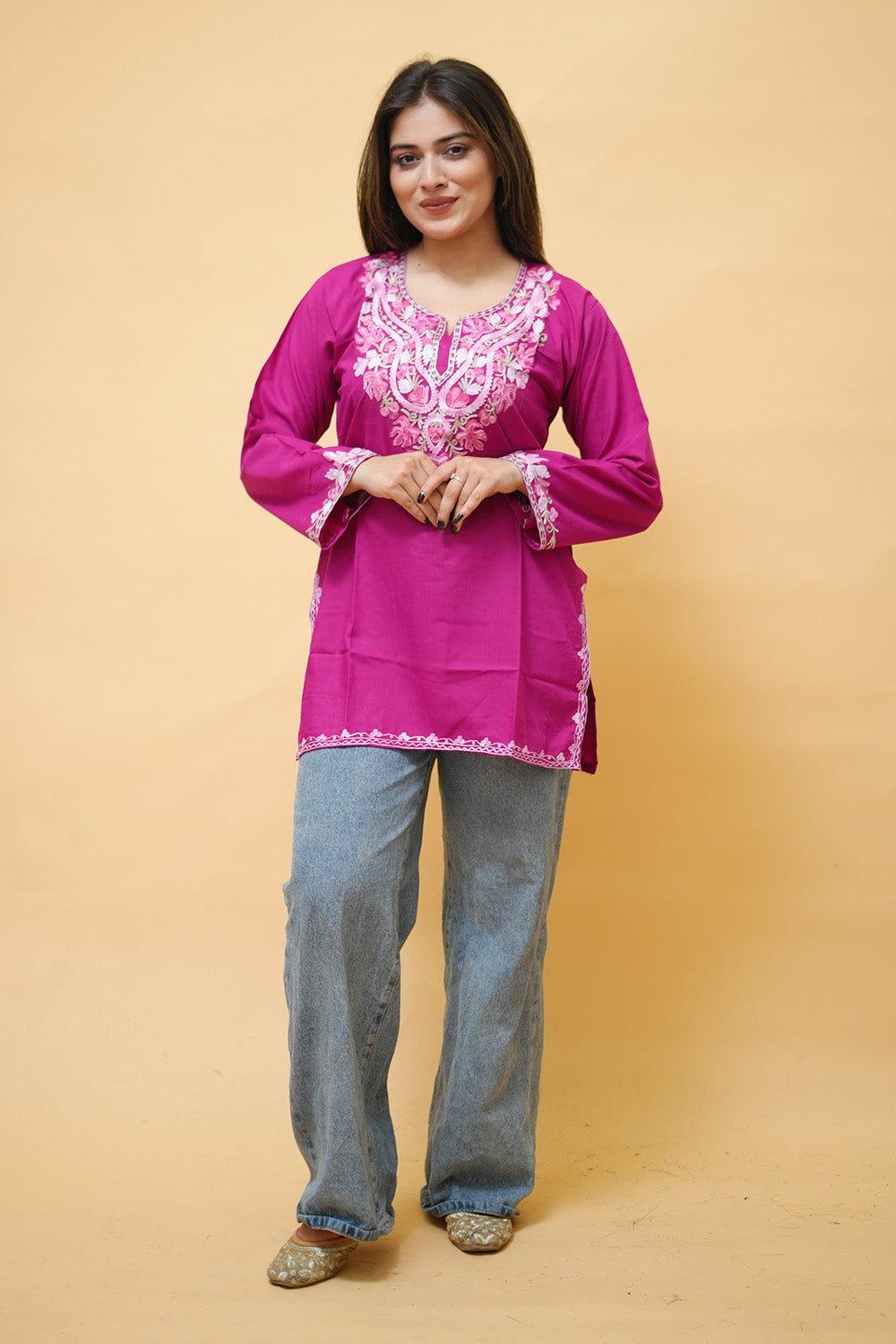 Magenta Pink Cotton Aari Work Kurti With Multicoloured