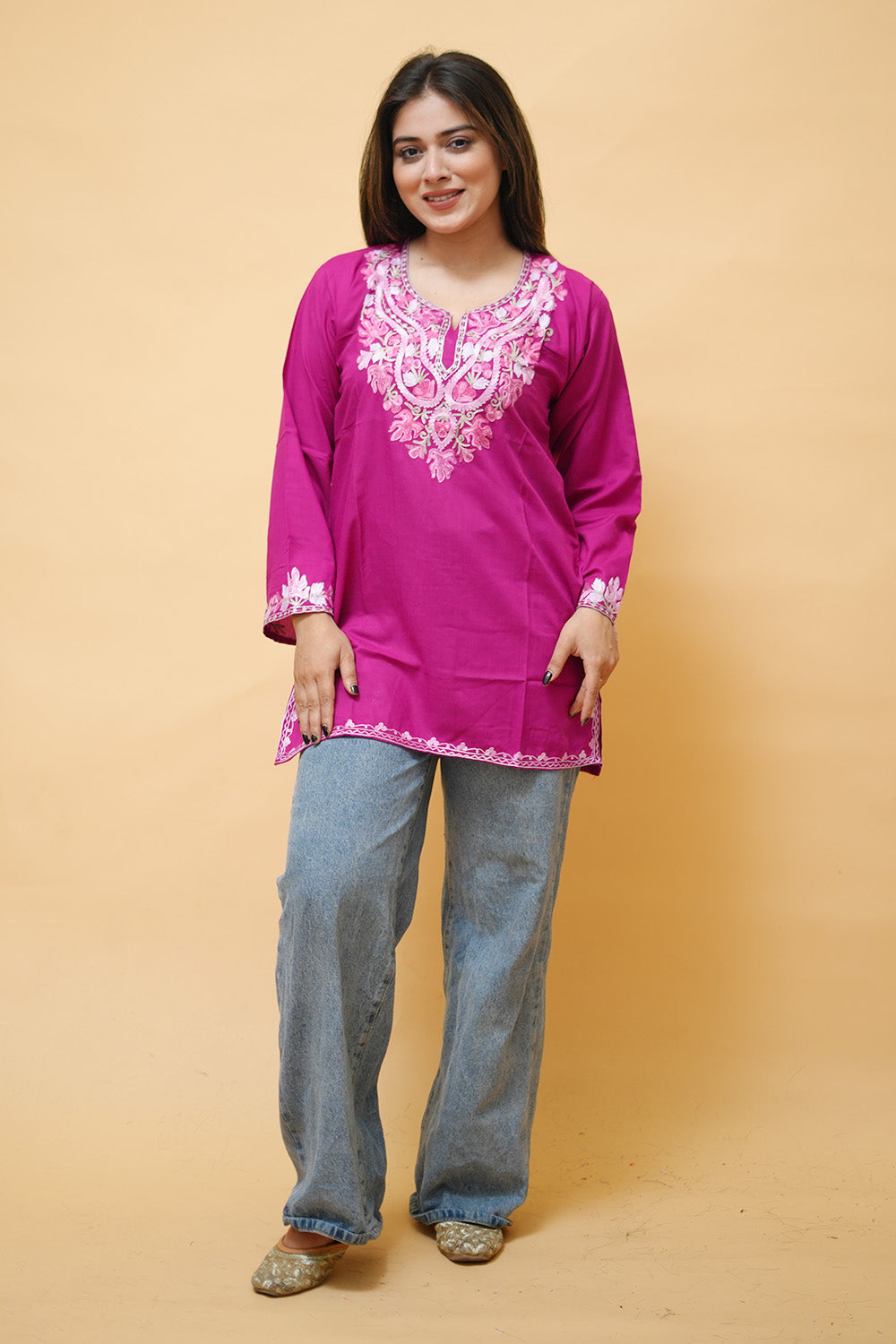 Magenta Pink Cotton Aari Work Kurti With Multicoloured