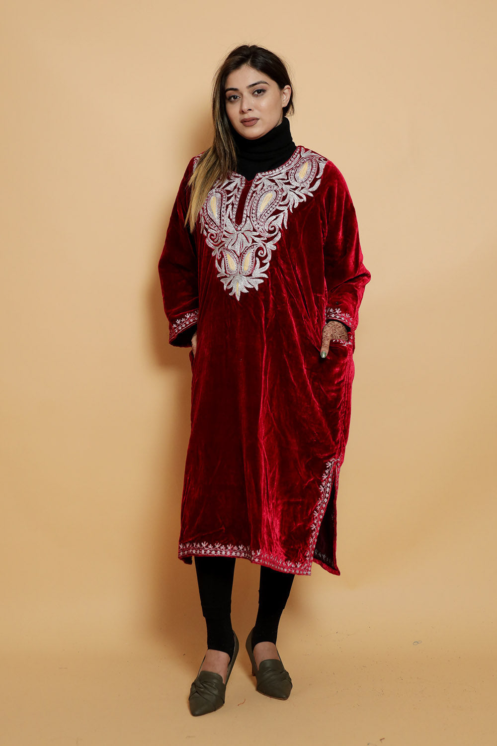 Maroon Color Aari Work Embroidered Velvet Kashmiri Phiran