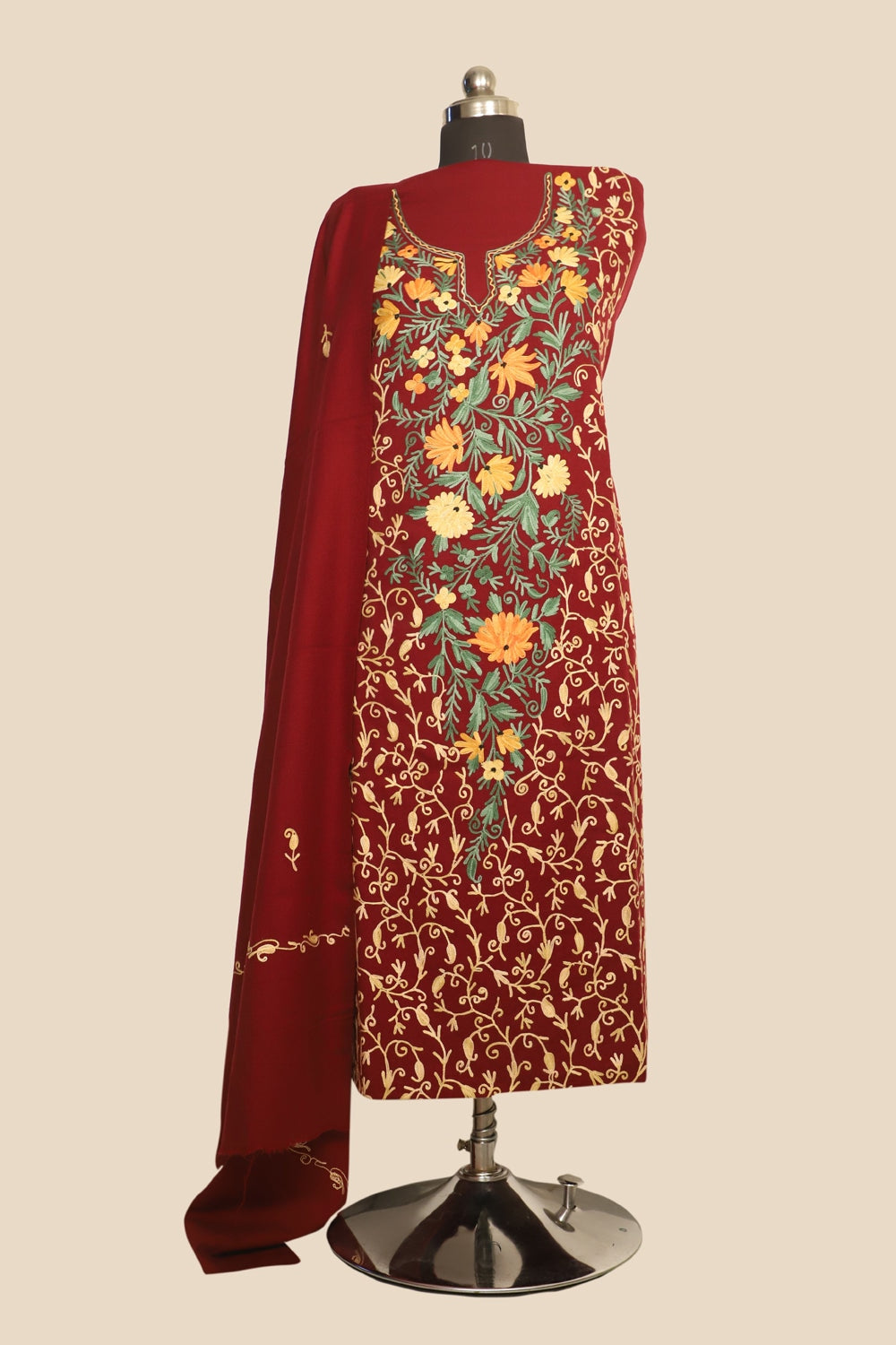 Maroon Color Kashmiri Woolen Aari Work Embroidered