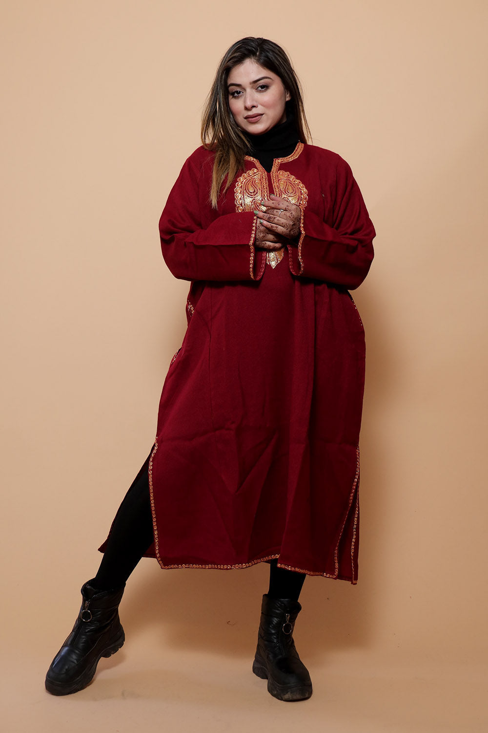 Maroon Color Kashmiri Work Embroidered Phiran Enriched