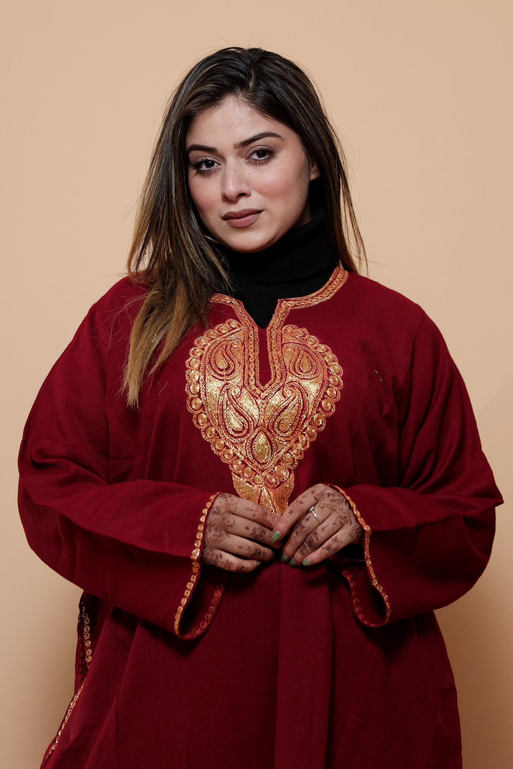 Maroon Color Kashmiri Work Embroidered Phiran Enriched