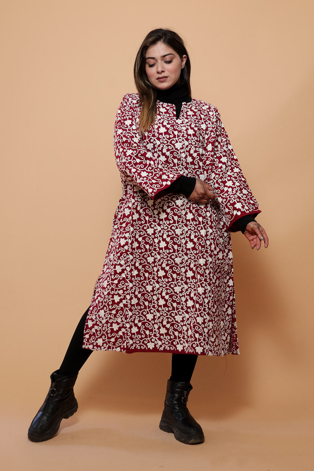 Maroon Color Kashmiri Work Phiran Enriched Designer Black