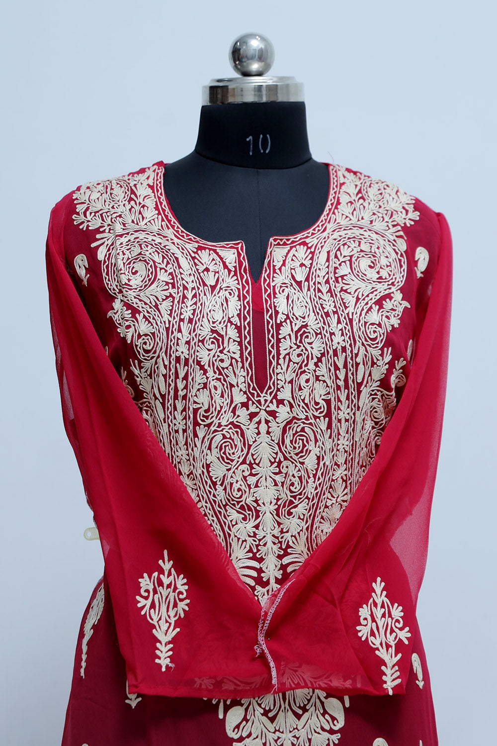 Red Colour Aari Work Kurti With Thread Embroidery Along