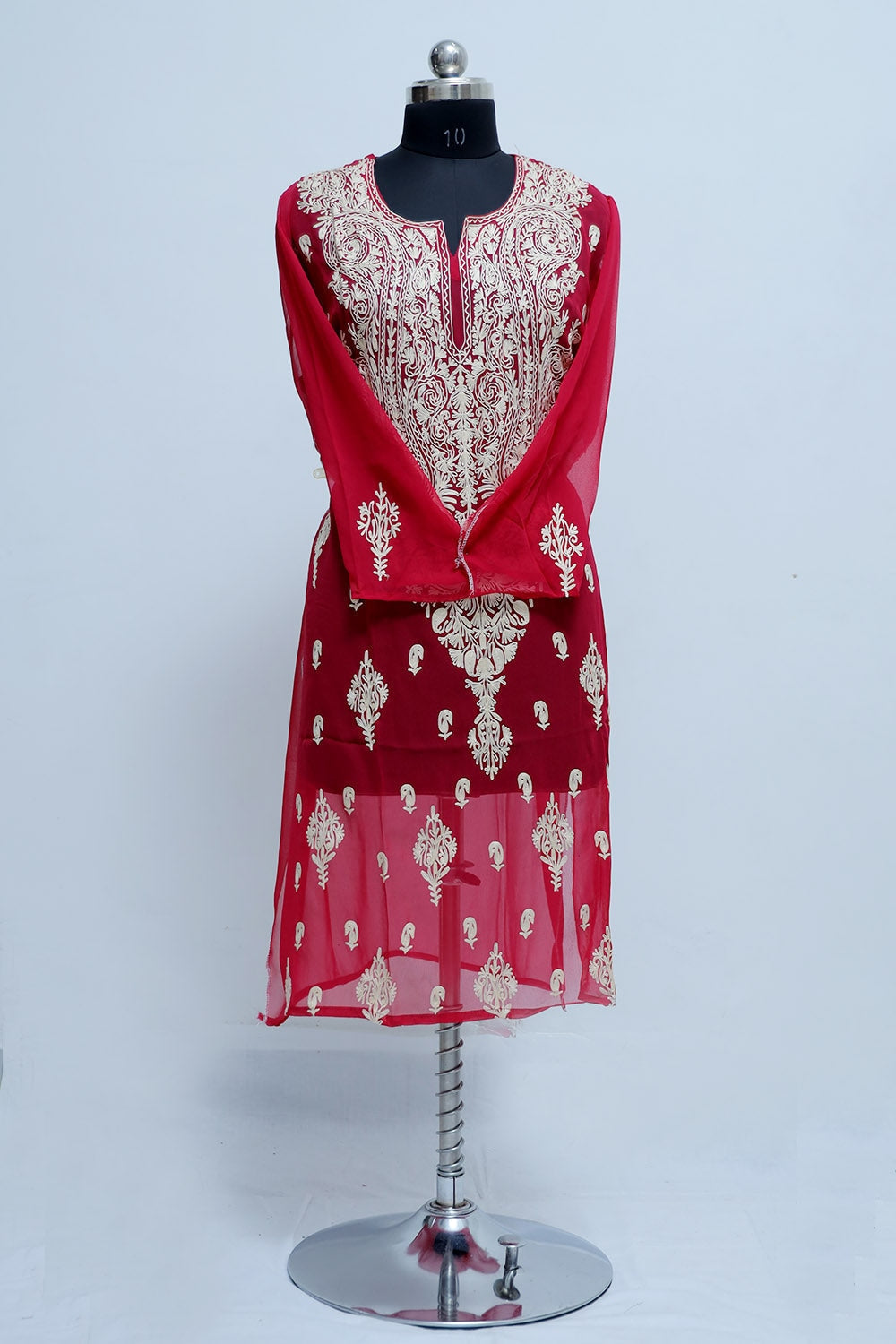 Red Colour Aari Work Kurti With Thread Embroidery Along