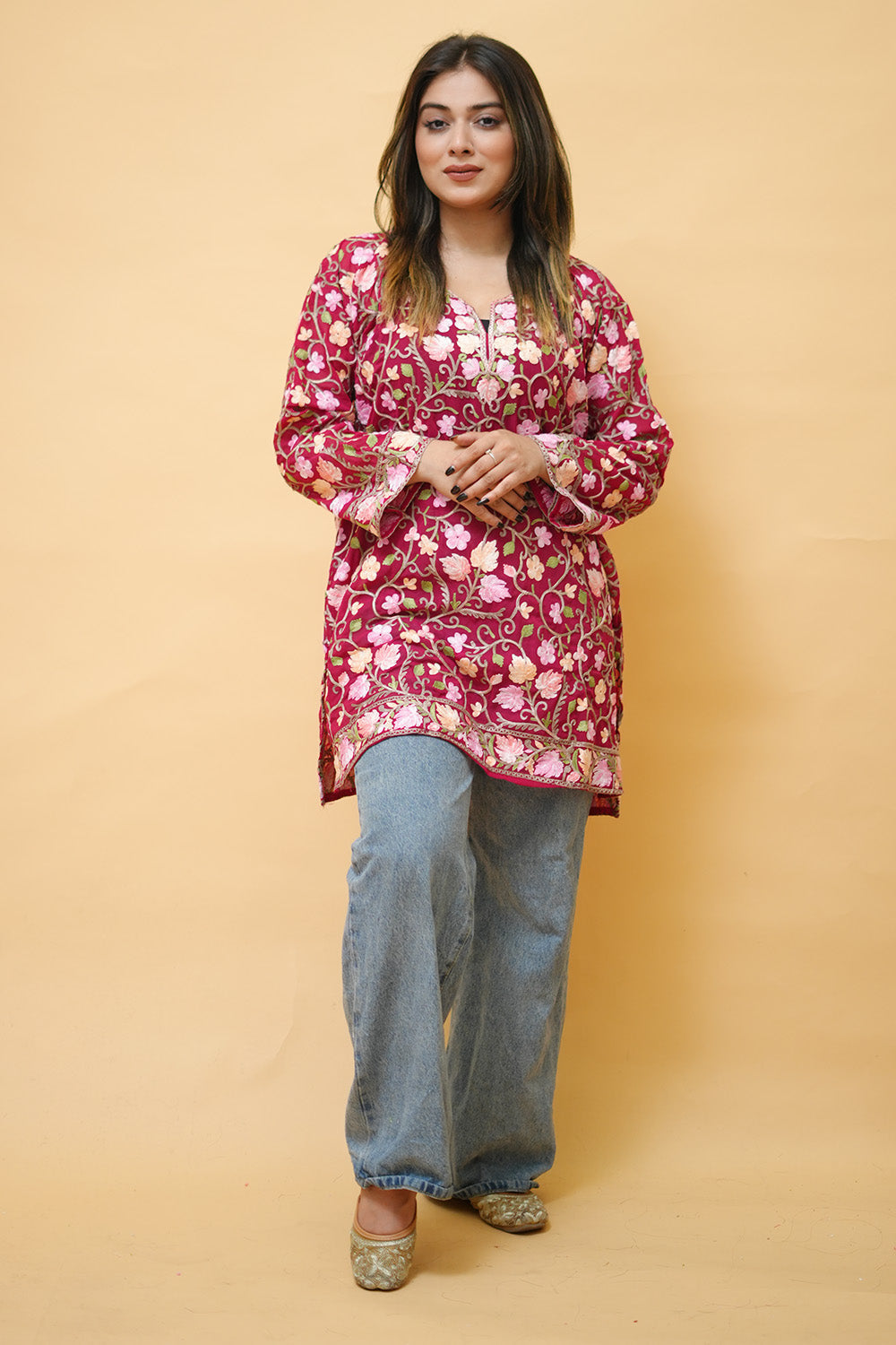 Maroon Colour Aari Work Neck Short Kashmiri Kurti