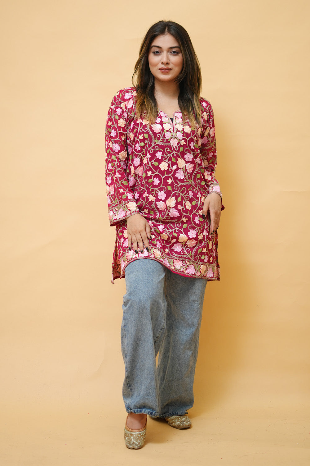 Maroon Colour Aari Work Neck Short Kashmiri Kurti