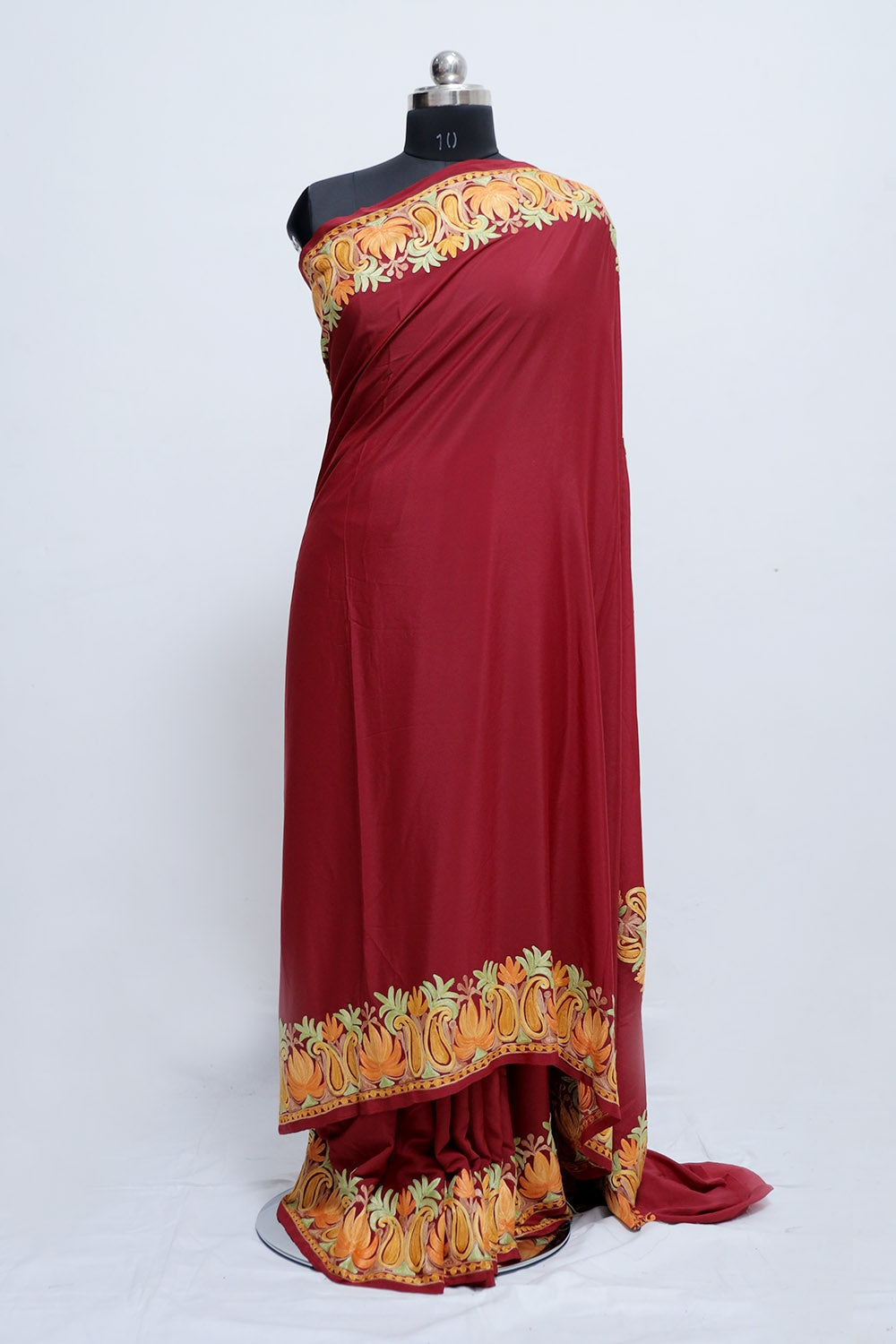 Maroon Colour Crepe Saree With Beautiful Multicolour