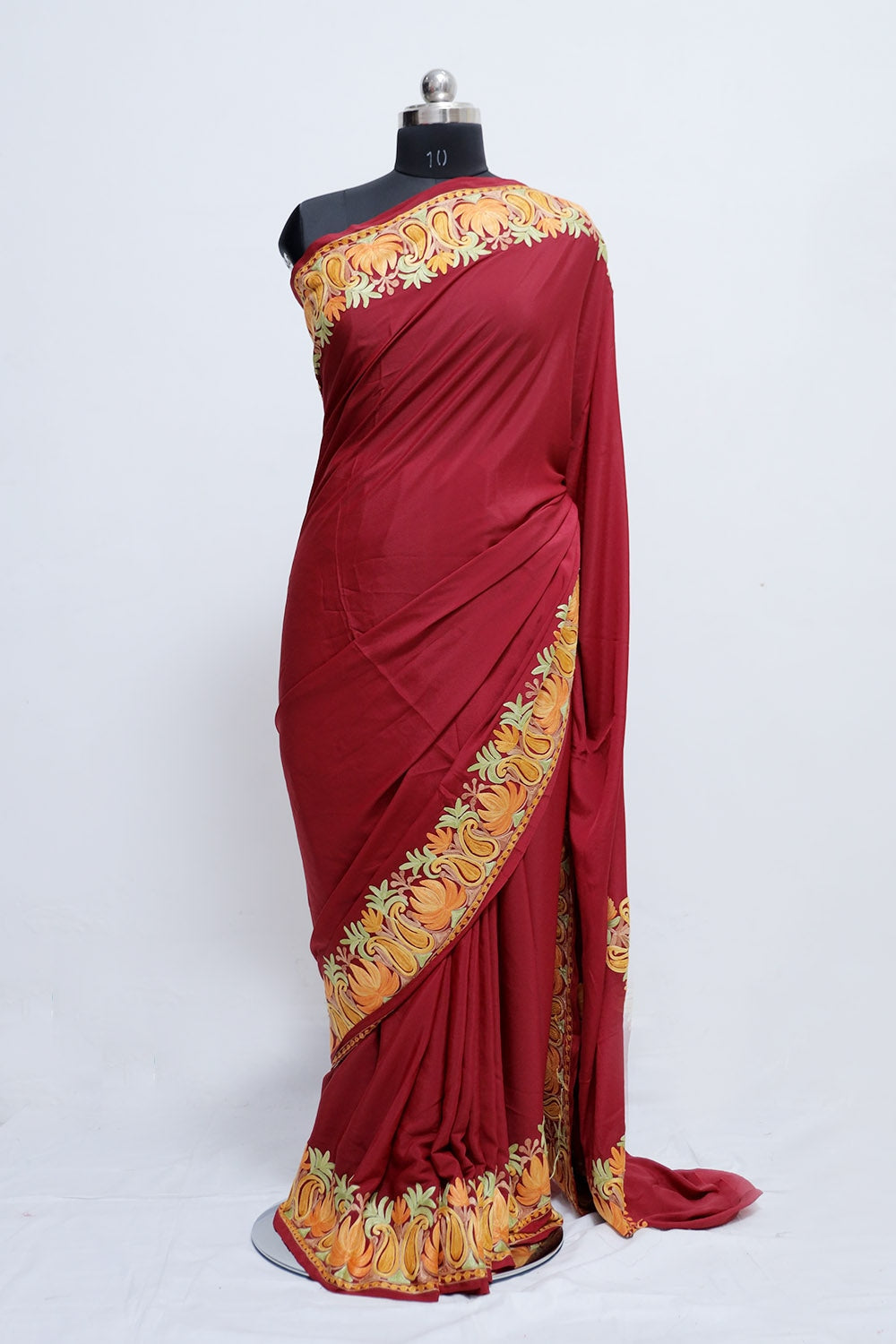 Maroon Colour Crepe Saree With Beautiful Multicolour