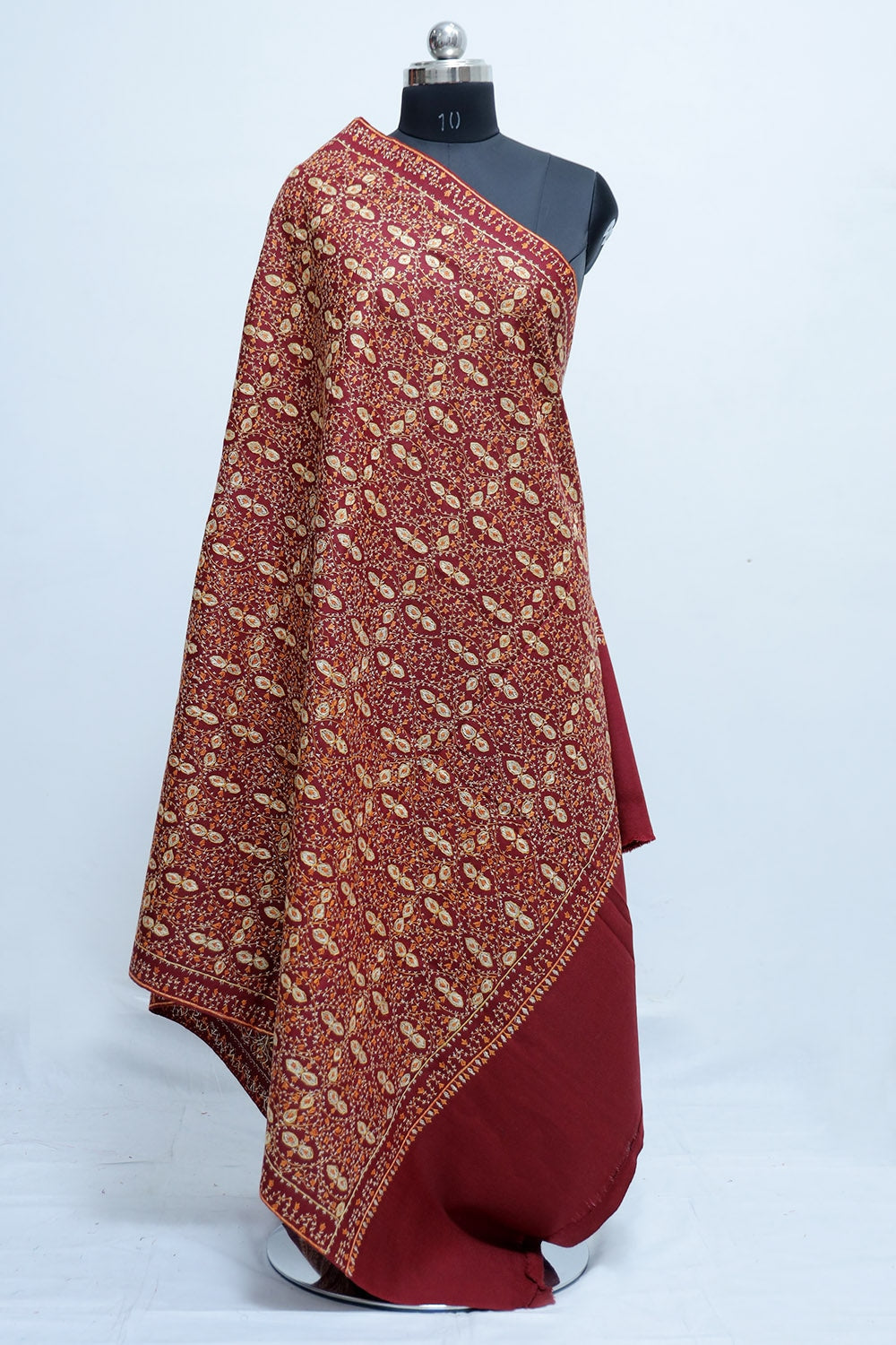 Maroon Colour Embroidered Sozni Woollen Shawl Enriched