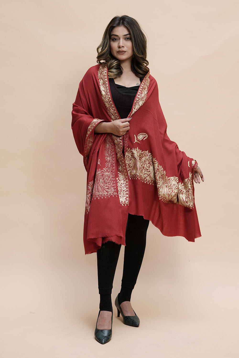 Maroon Colour Semi Pashmina Shawl Enriched With Ethnic