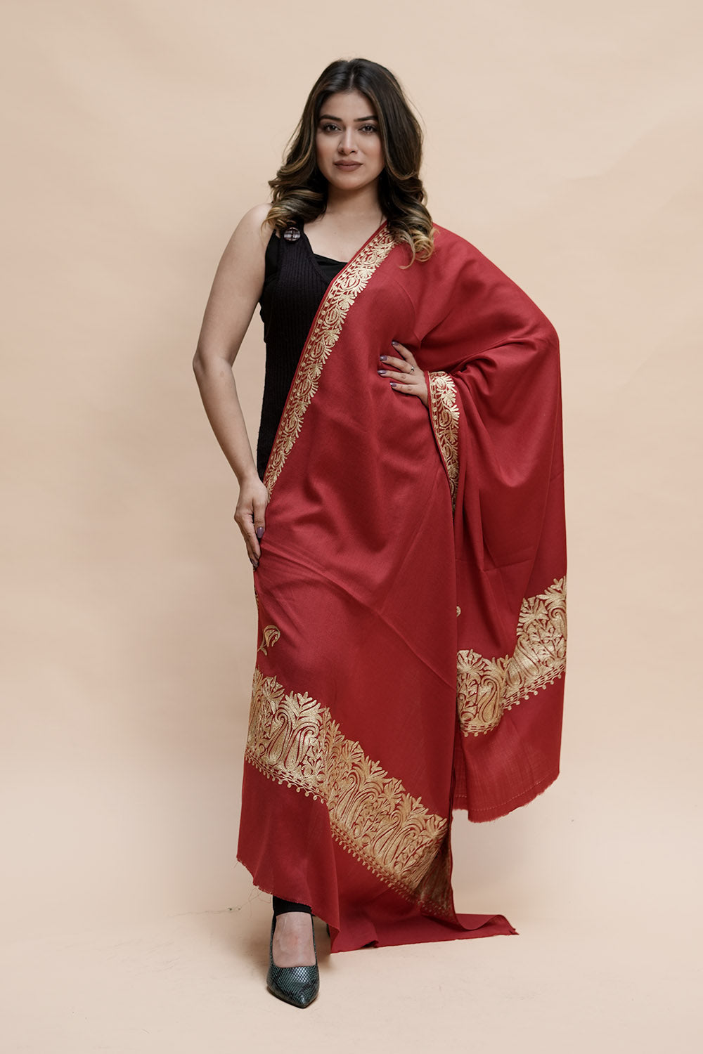 Maroon Colour Semi Pashmina Shawl Enriched With Ethnic