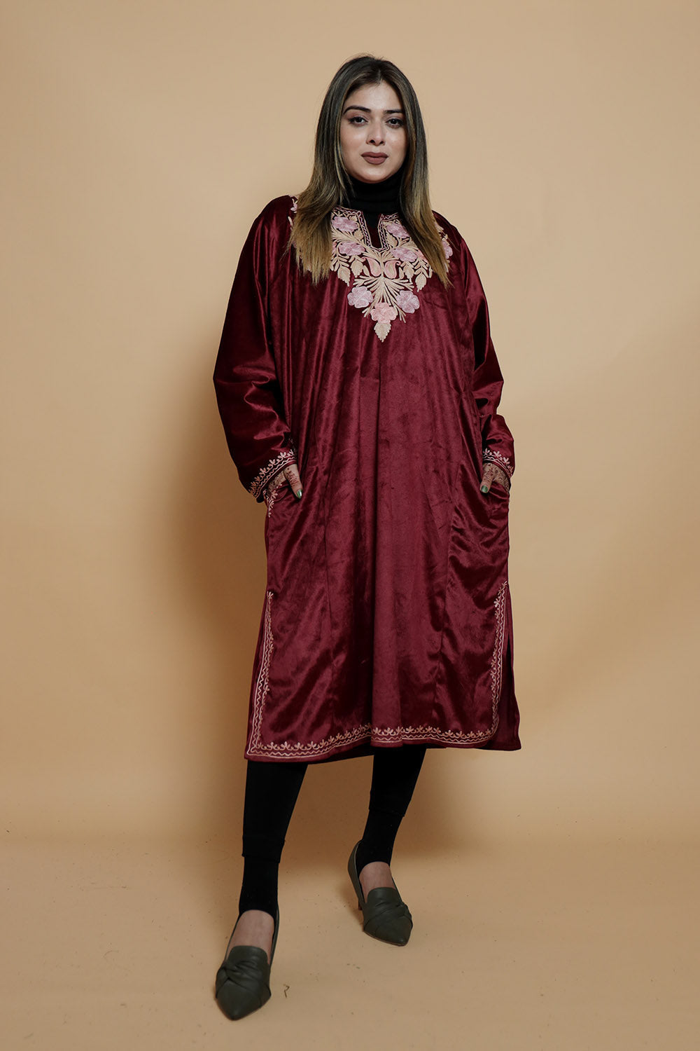 Maroon Colour Very Soft Warm And Elegant Suede Velvet Pheran