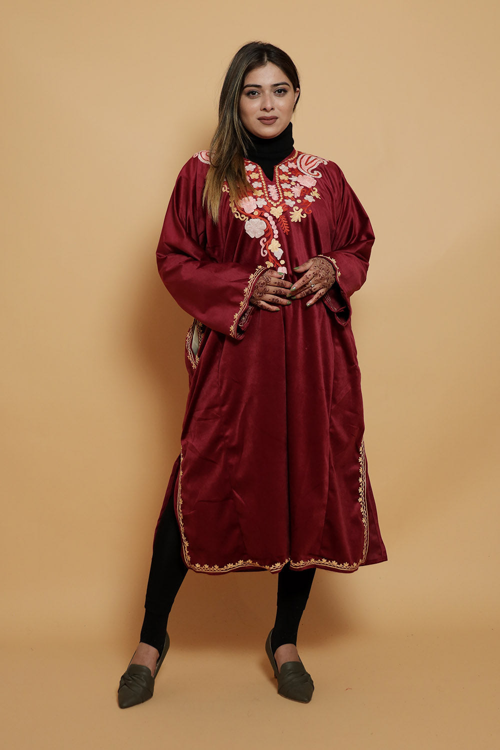 Maroon Colour Very Soft Warm And Elegant Suede Velvet Pheran