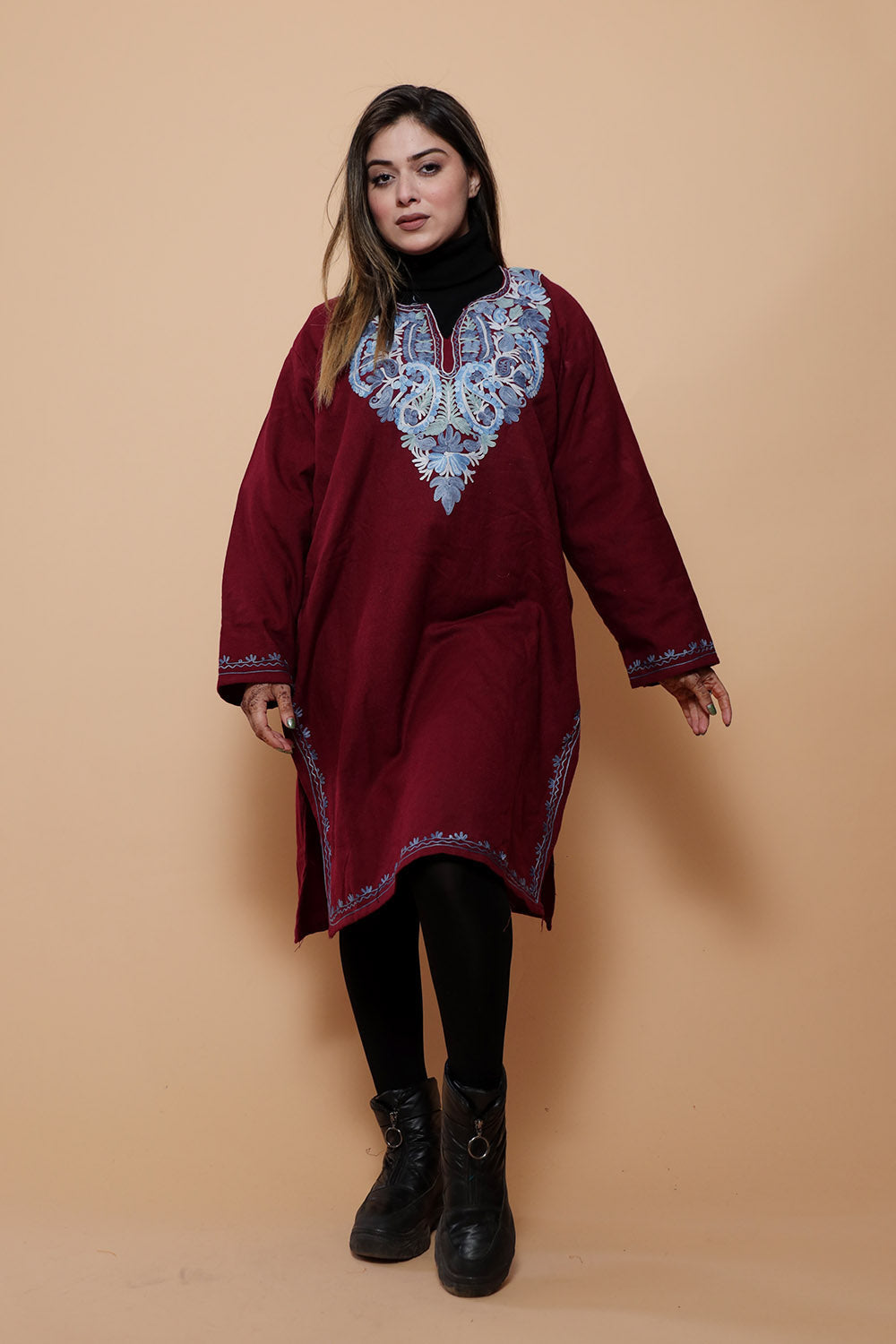 Maroon Colour Very Soft Warm And Elegant Wool Pheran