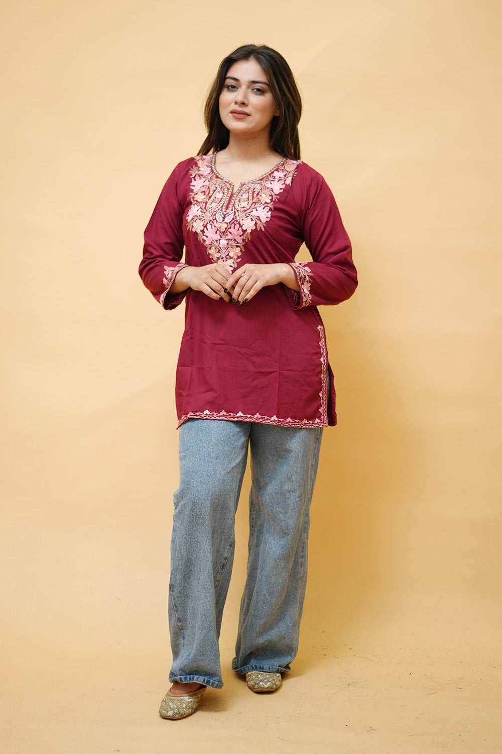 Maroon Cotton Aari Work Kurti With Multicoloured Neckline