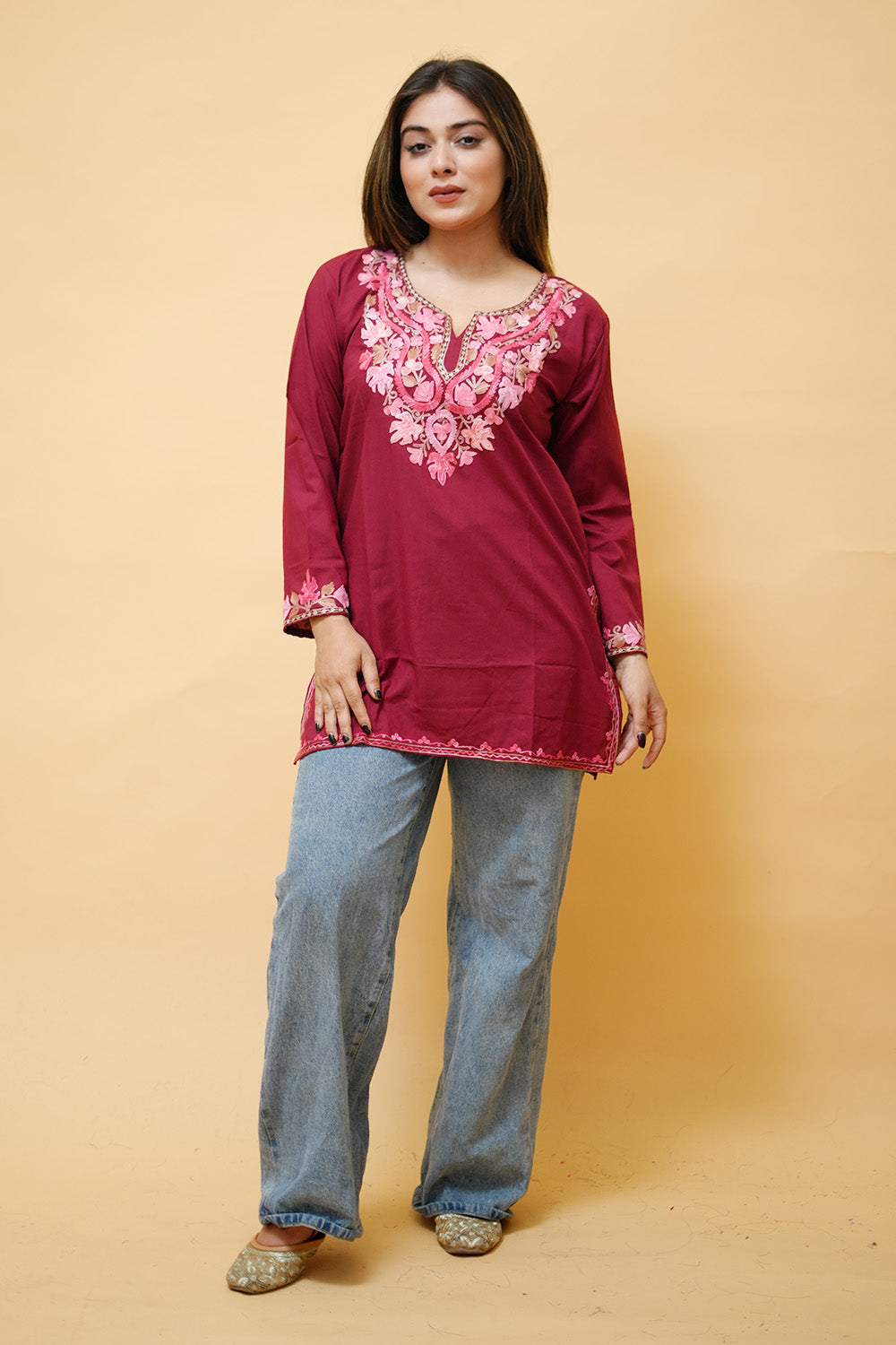 Maroon Cotton Aari Work Kurti With Multicoloured Neckline