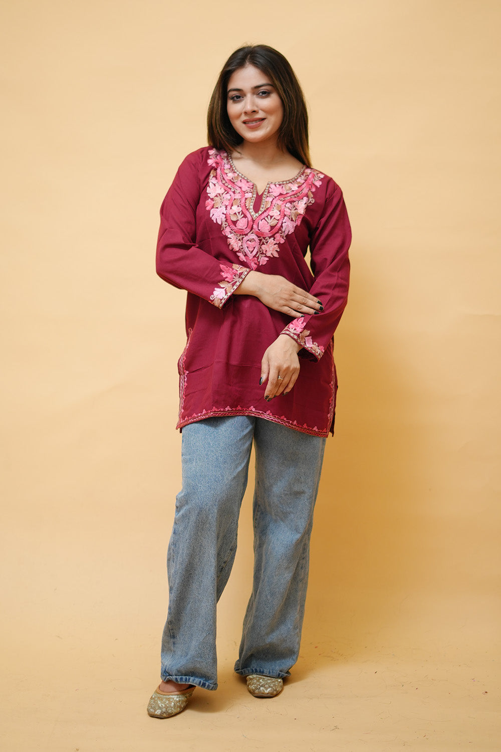Maroon Cotton Aari Work Kurti With Multicoloured Neckline