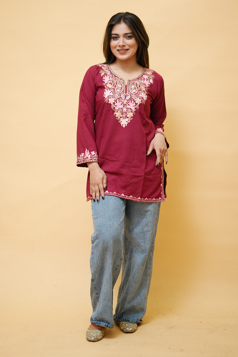 Maroon Cotton Aari Work Kurti With Multicoloured Neckline