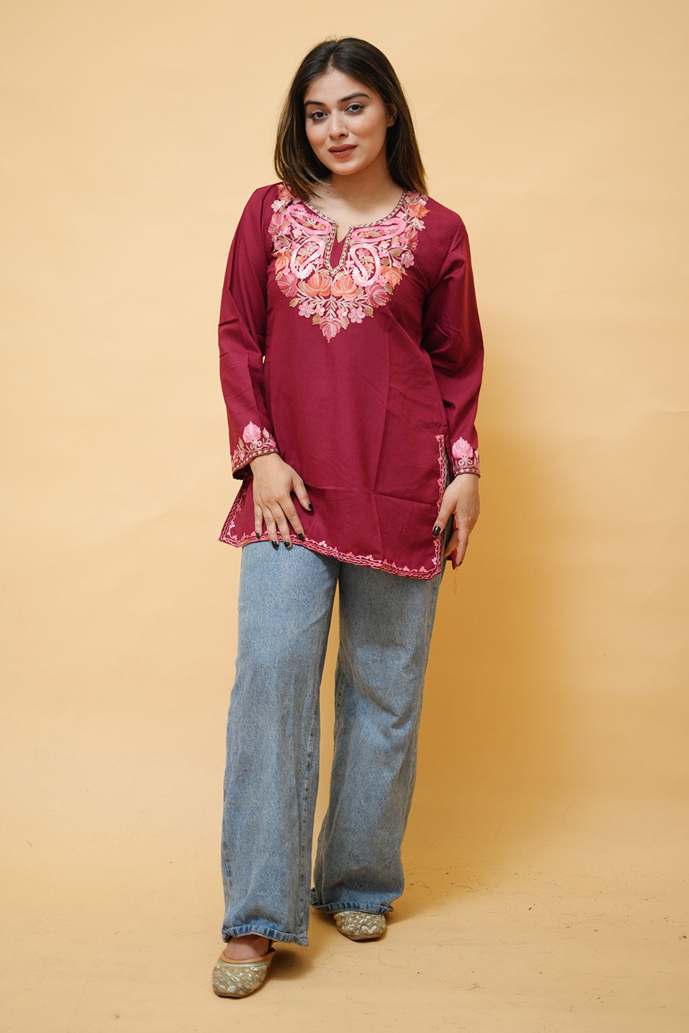 Maroon Cotton Aari Work Kurti With Multicoloured Neckline