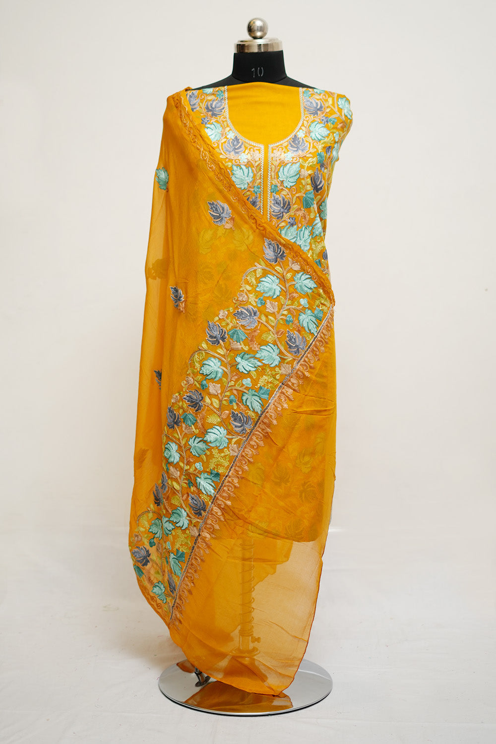 Mustard Aari Work Salwar Kameez With Chinar Heavy Jaal