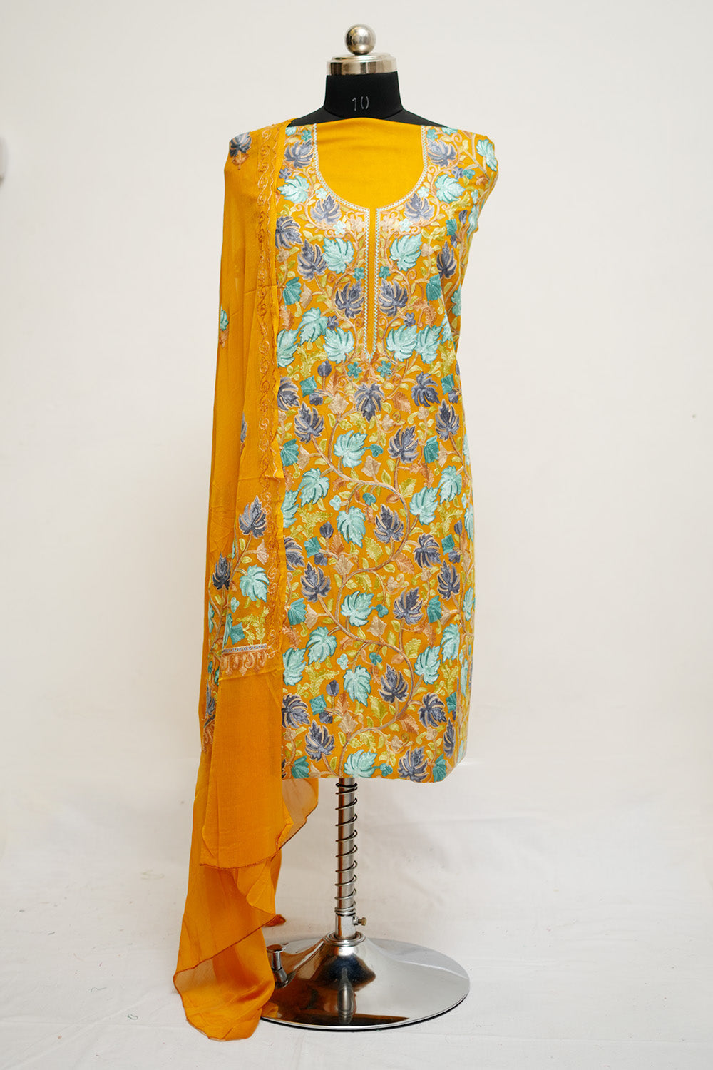 Mustard Aari Work Salwar Kameez With Chinar Heavy Jaal