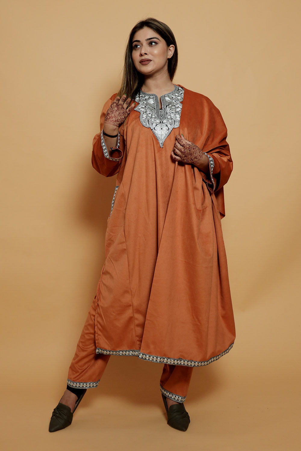 Mustard Color Kashmiri Pheran Set With Tilla Patch Work