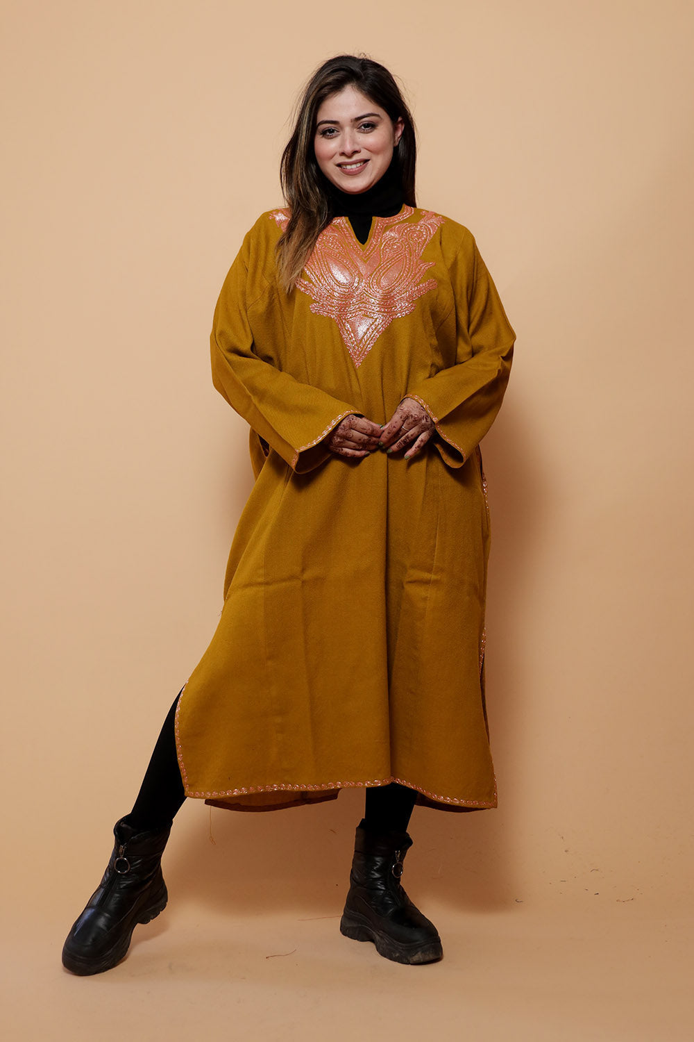 Mustard Color Kashmiri Work Embroidered Phiran Enriched