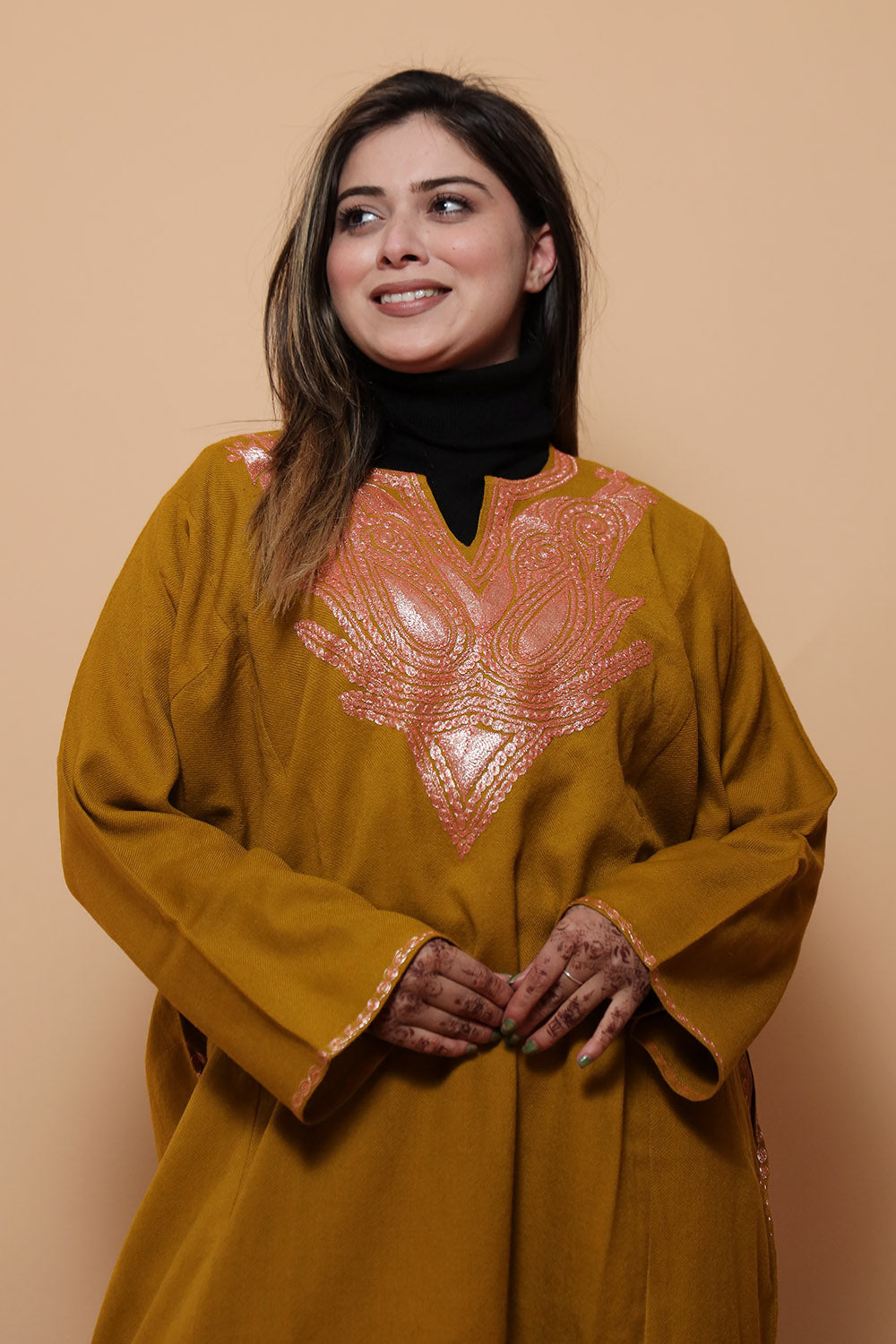 Mustard Color Kashmiri Work Embroidered Phiran Enriched