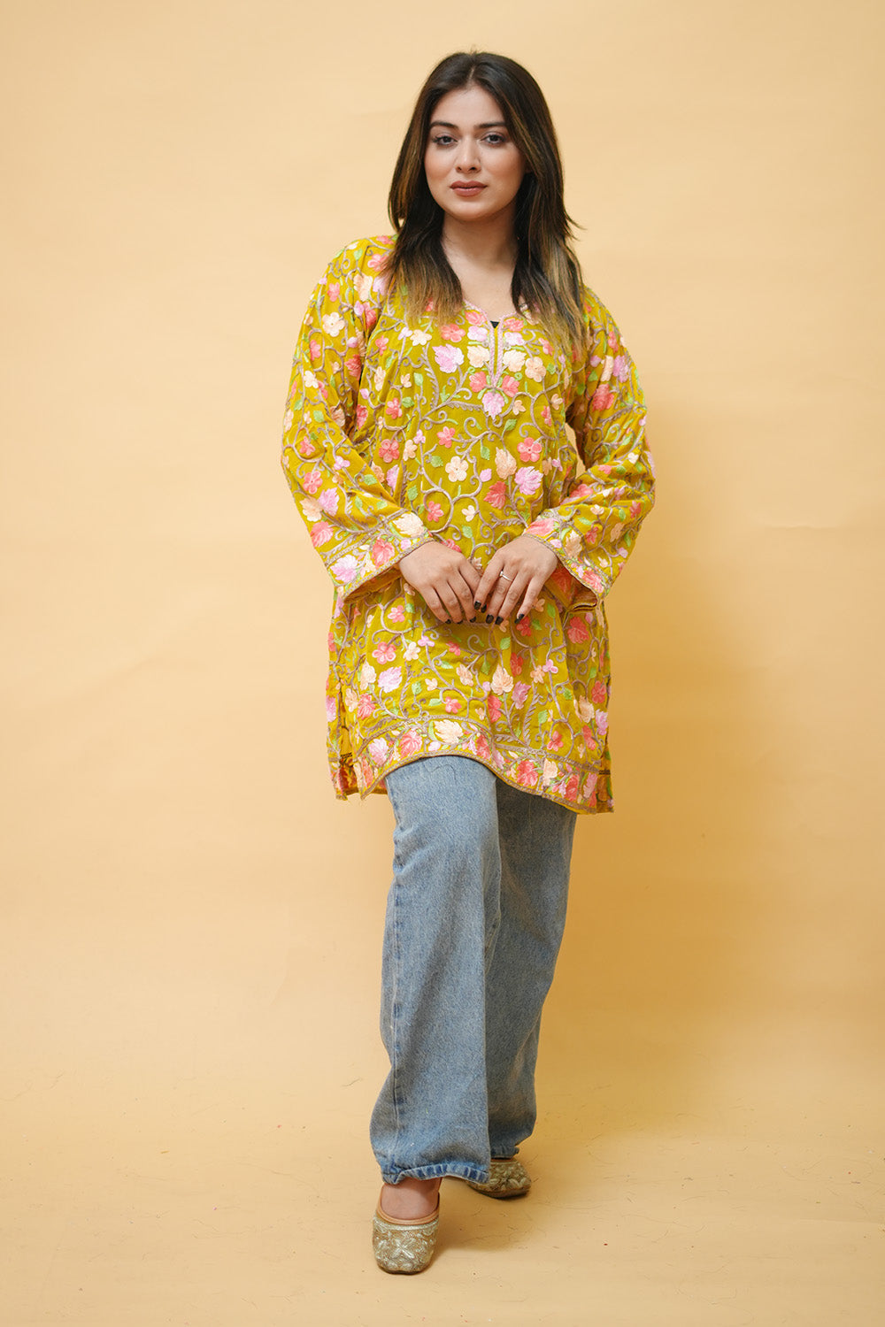 Mustard Colour Aari Work Neck Short Kashmiri Kurti