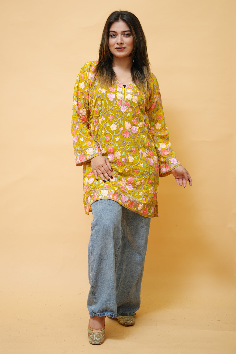 Mustard Colour Aari Work Neck Short Kashmiri Kurti